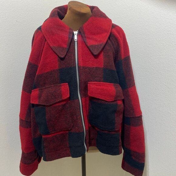 H&M Boxy Red & Black Plaid Collared Jacket, Size XL/XXL - Picture 1 of 11